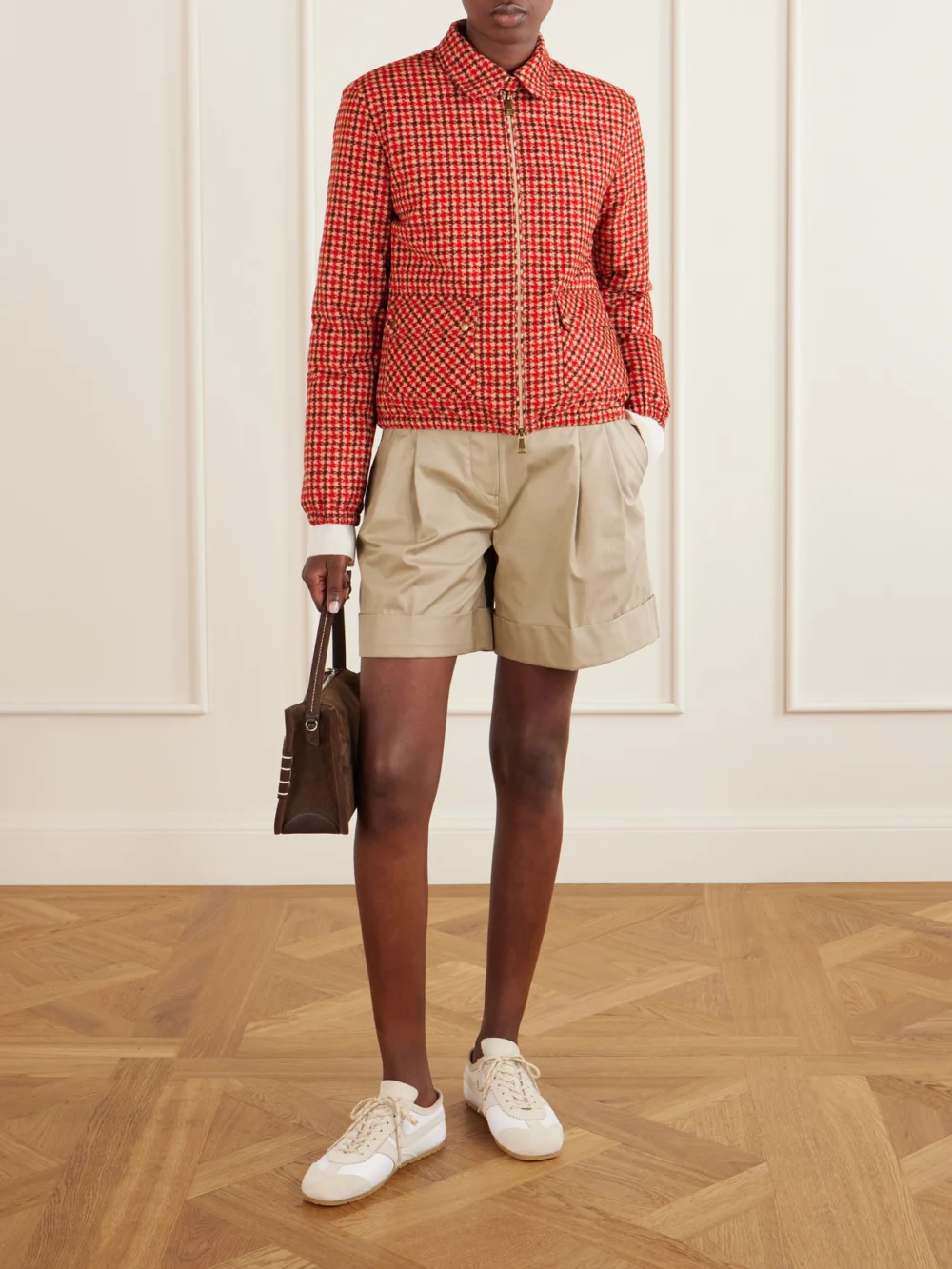 Moncler Lanset Logo-appliquéd Checked Cotton Down Jacket, worn by a model