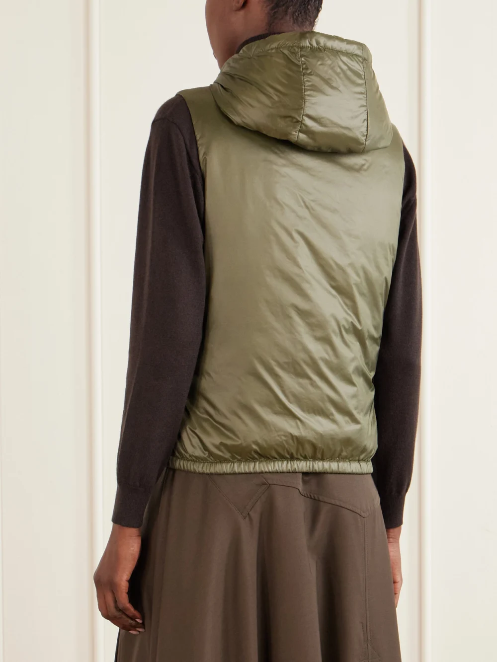 Back view of the Moncler Lansette Hooded Shell Vest