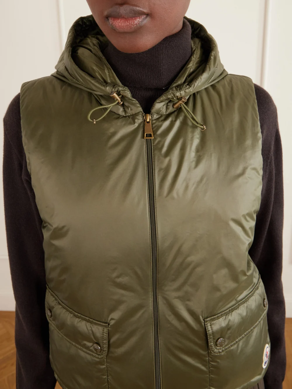 Close-up detail of the Moncler Lansette Hooded Shell Vest