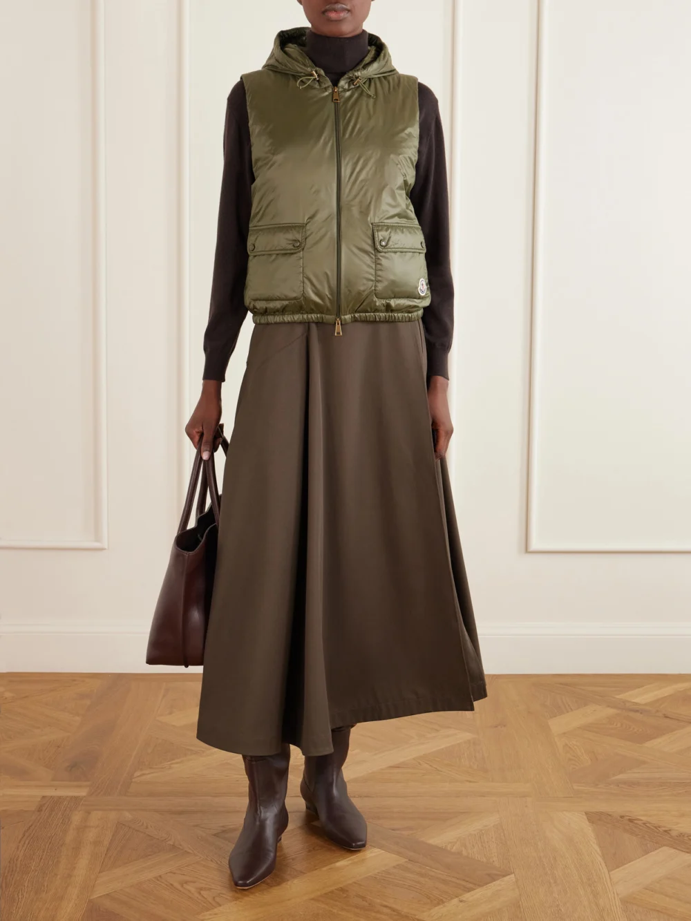 Moncler Lansette Hooded Shell Vest, worn by a model