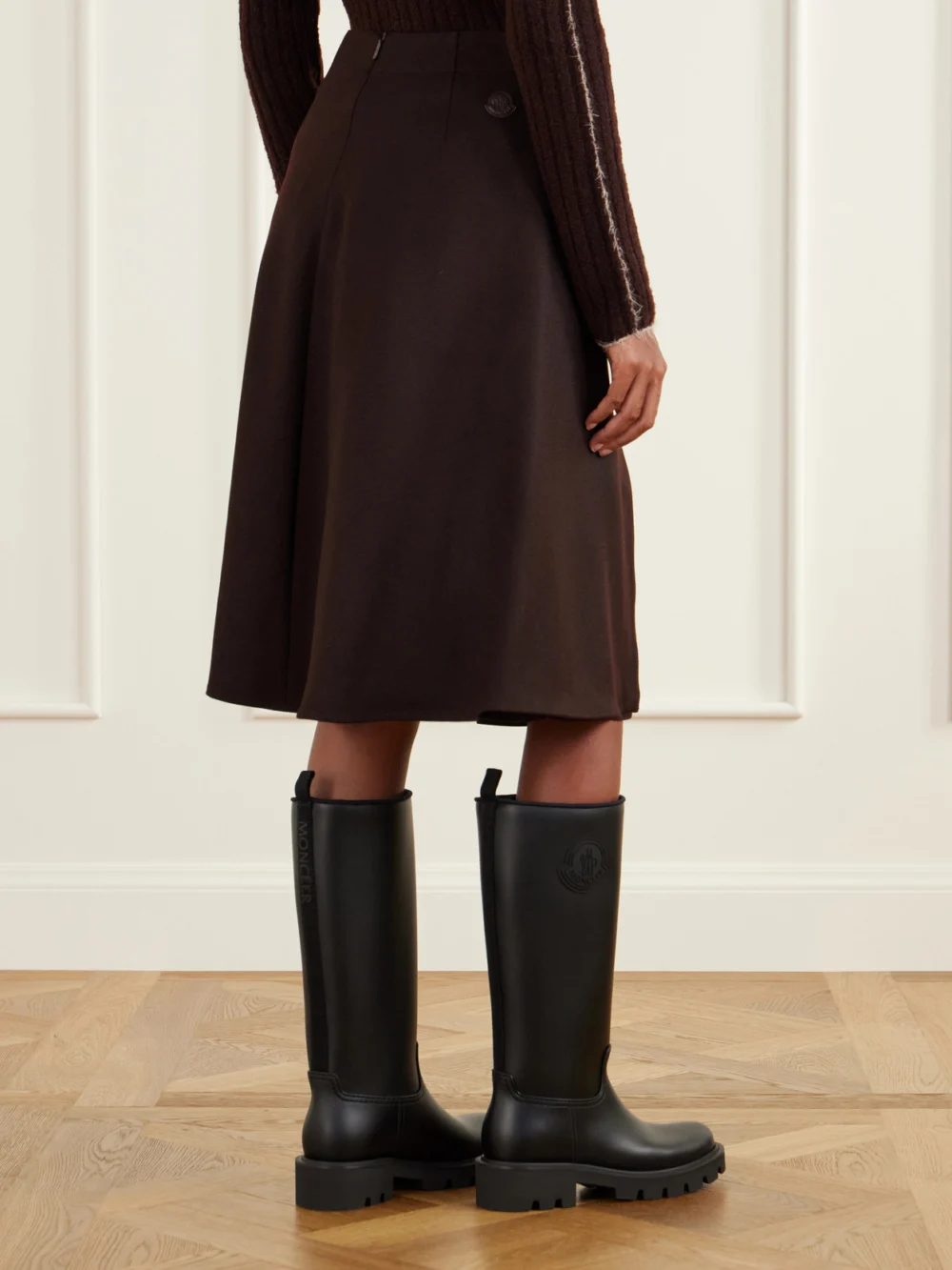Back view of the Moncler Leather-trimmed Wool-gabardine Midi Skirt