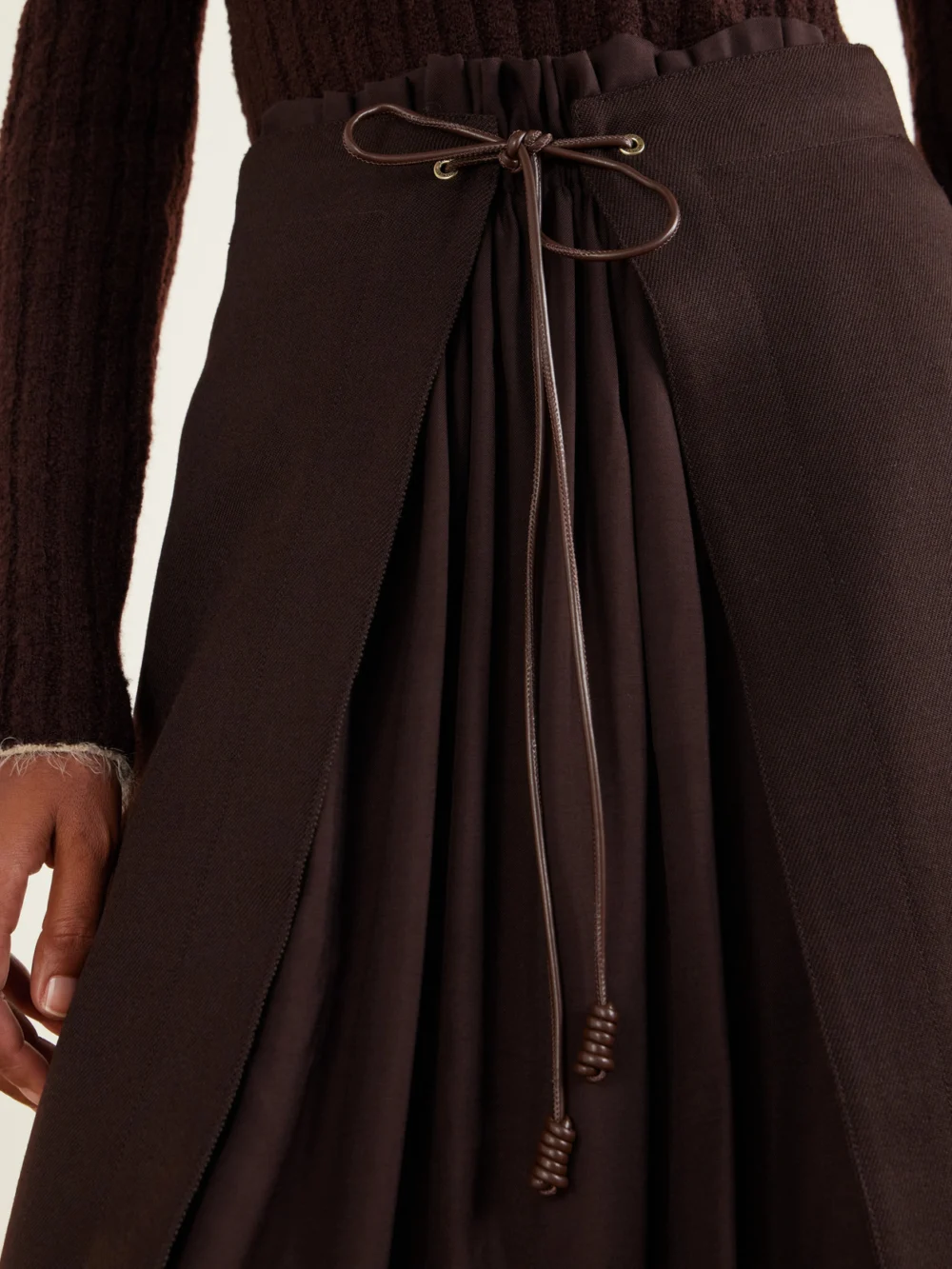 Close-up detail of the Moncler Leather-trimmed Wool-gabardine Midi Skirt