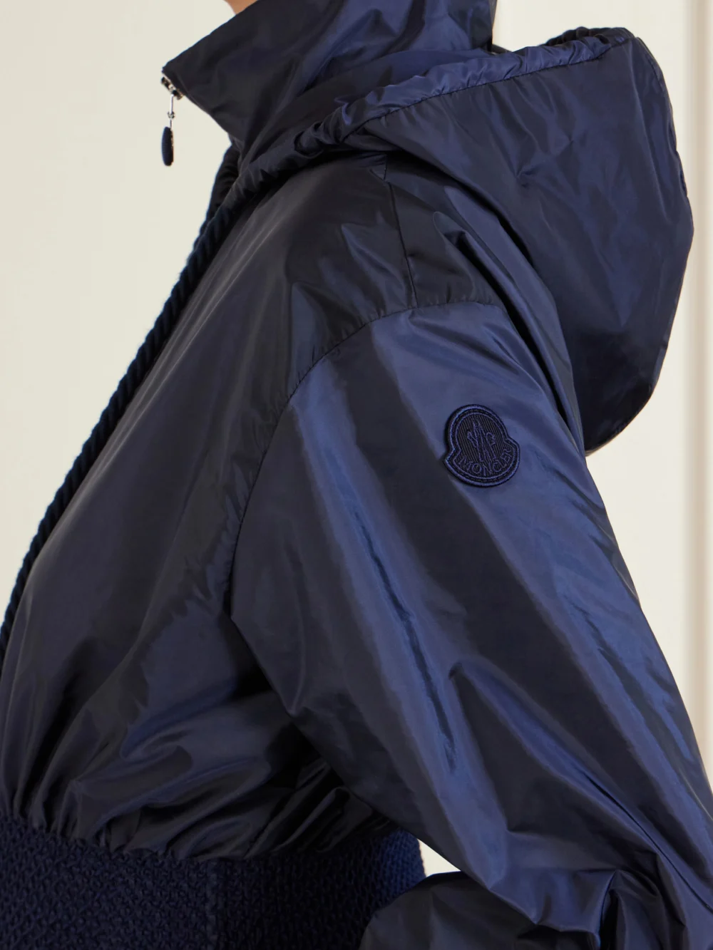Close-up detail of the Moncler Liriope Hooded Gathered Shell Jacket