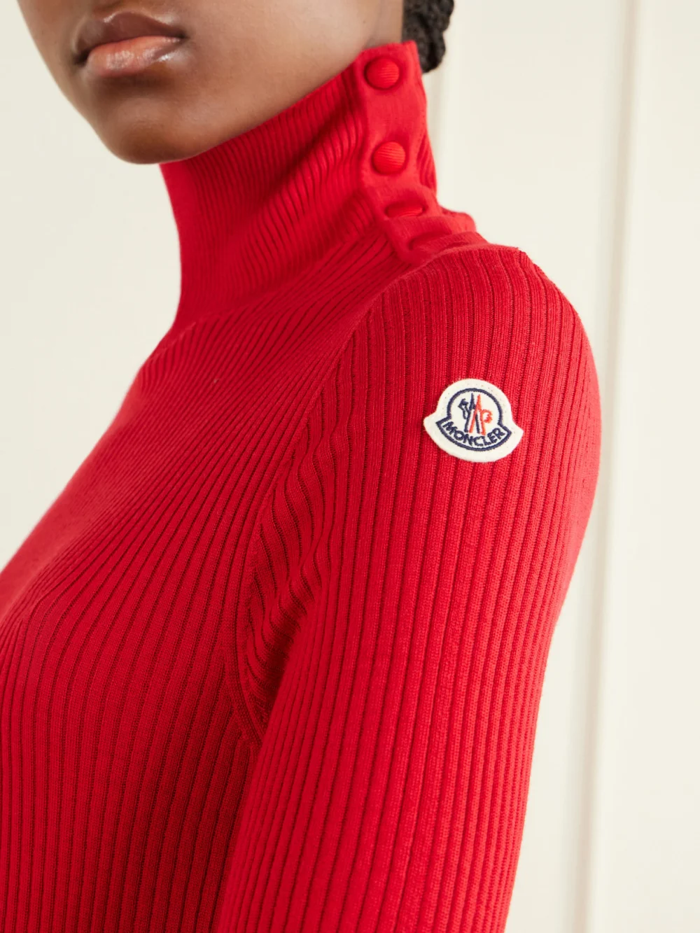 Close-up detail of the Moncler Logo-appliquéd Ribbed Wool Sweater