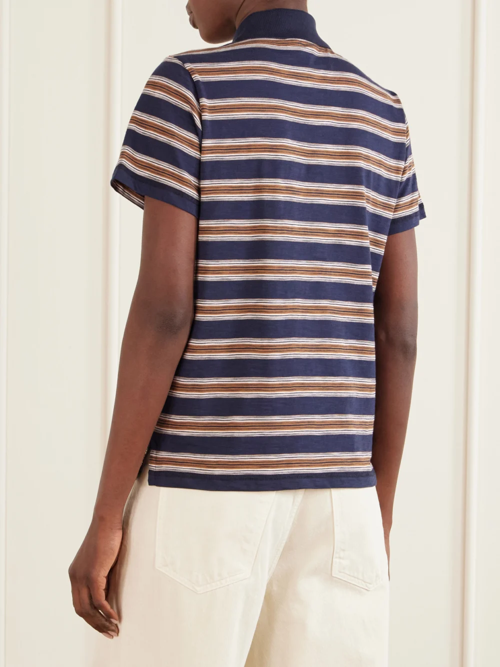 Back view of the Moncler Logo-appliquéd Striped Cotton Polo Shirt