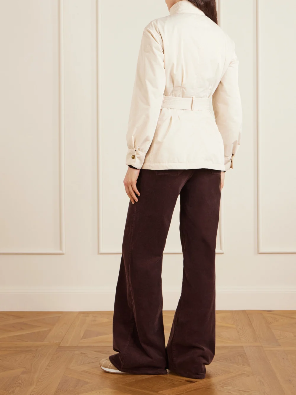 Back view of the Moncler Maitake Appliquéd Belted Gabardine Jacket