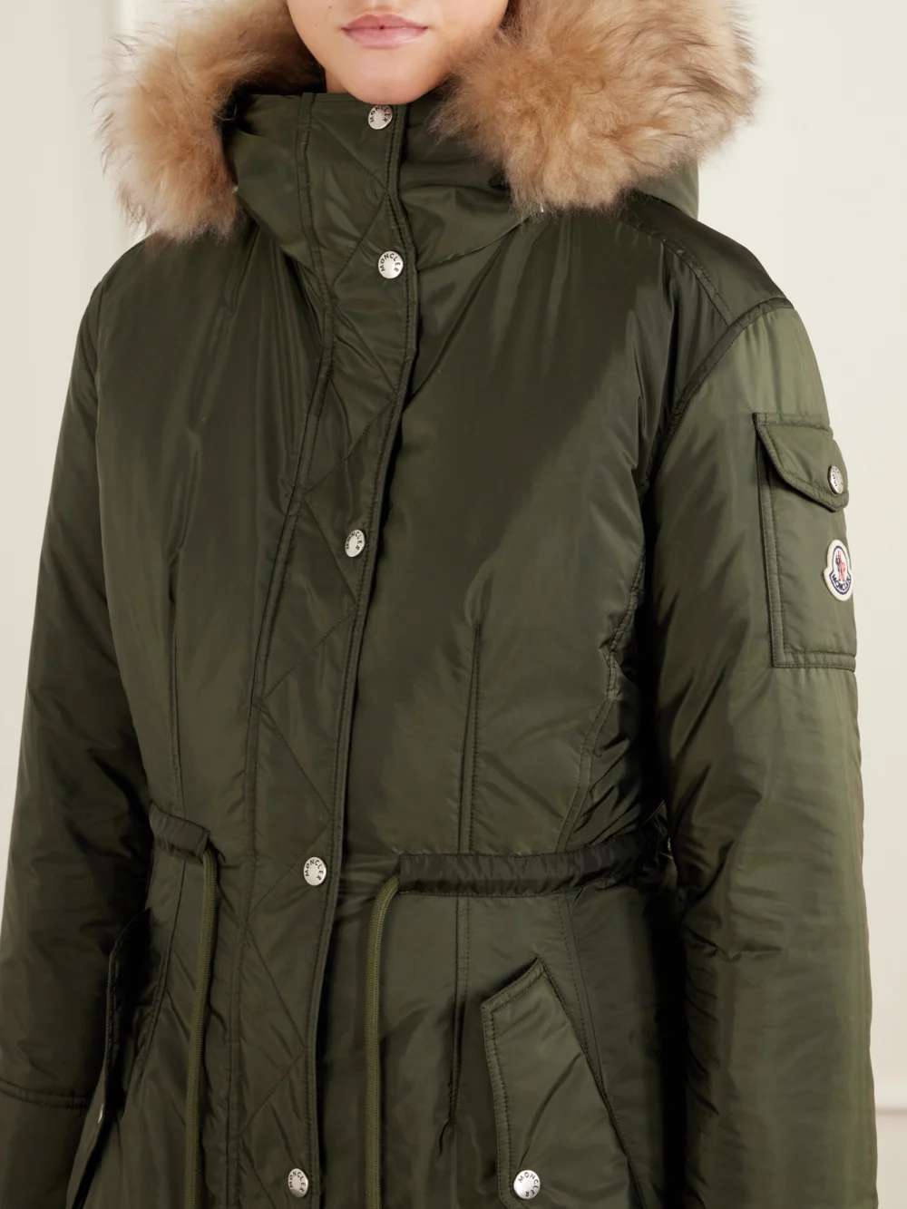 Close-up detail of the Moncler Moustique Shearling-trimmed Shell Jacket