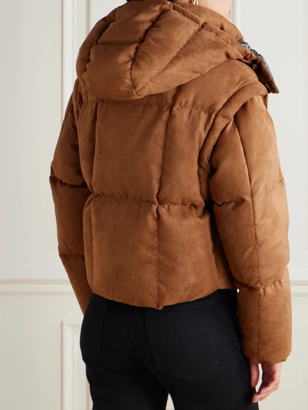 Back view of the Moncler Paterne Convertible Hooded Quilted Brushed-moleskin Down Jacket