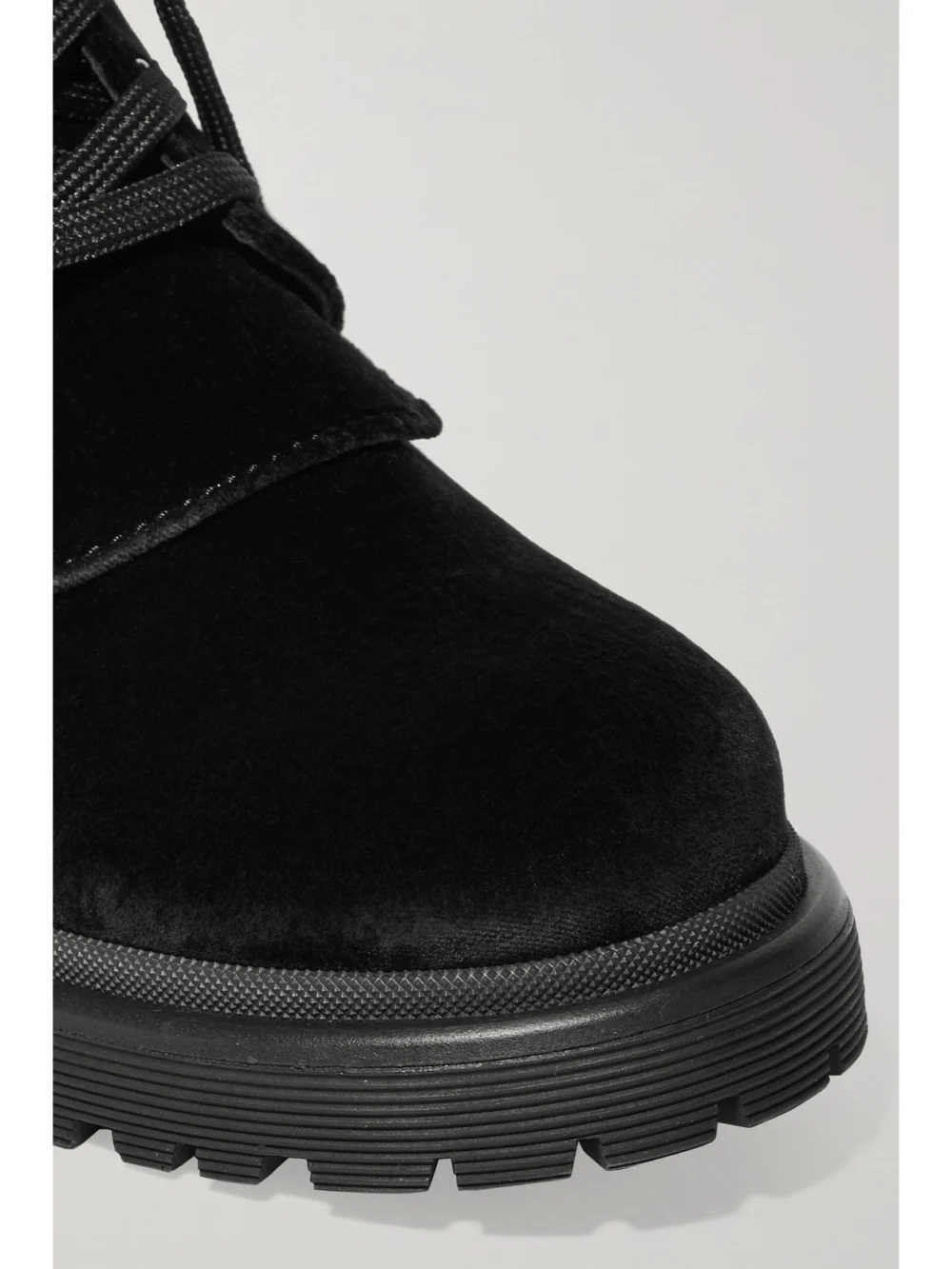 Close-up detail of the Moncler Patty Leather-trimmed Velvet Ankle Boots