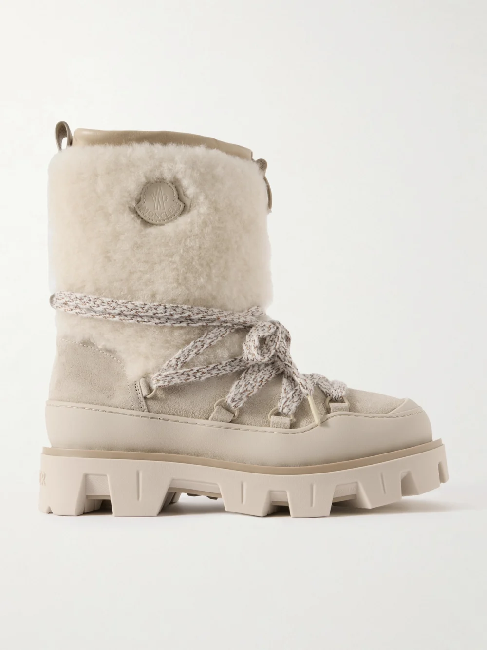 Moncler Peak Apres Shearling-trimmed Suede Ankle Boots in cream