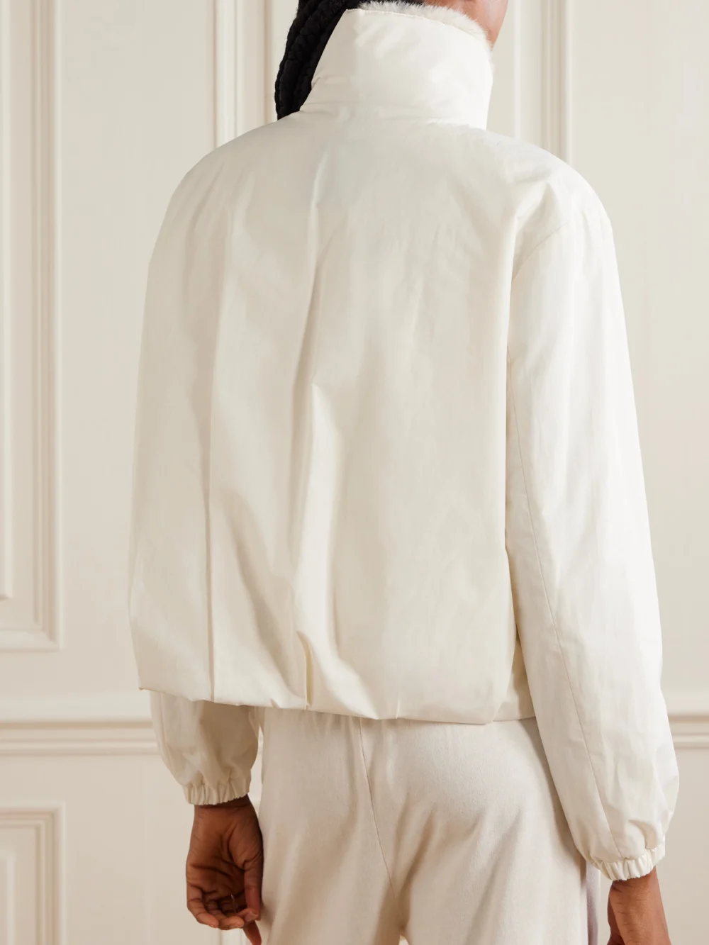 Back view of the Moncler Pervenche Convertible Plush-trimmed Shell Down Jacket