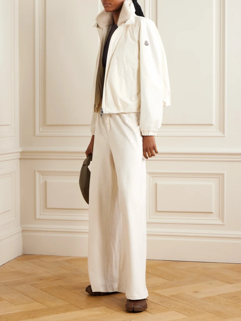 Moncler Pervenche Convertible Plush-trimmed Shell Down Jacket, worn by a model
