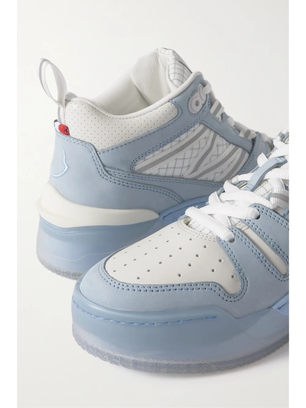 Close-up detail of the Moncler Pivot Mid Leather and Ripstop-trimmed Suede Sneakers