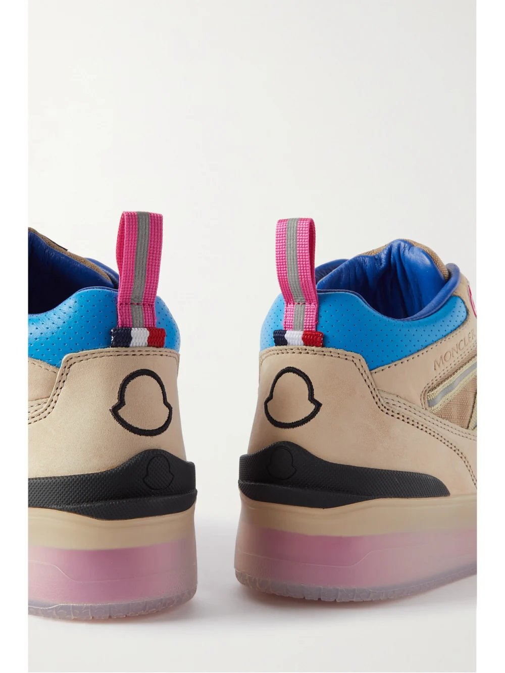 Close-up detail of the Moncler Pivot Mid Leather and Ripstop-trimmed Suede Sneakers