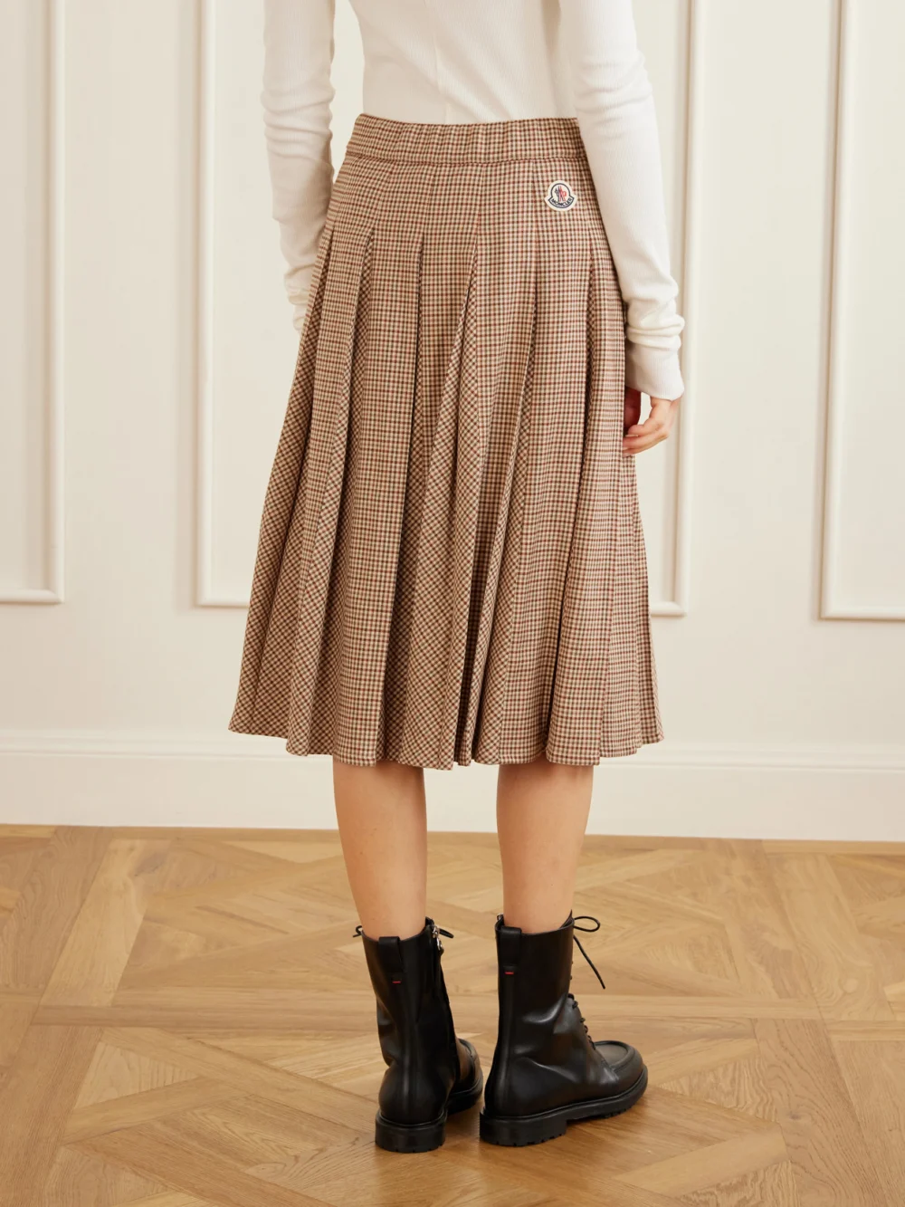 Back view of the Moncler Pleated Checked Wool-blend Midi Skirt