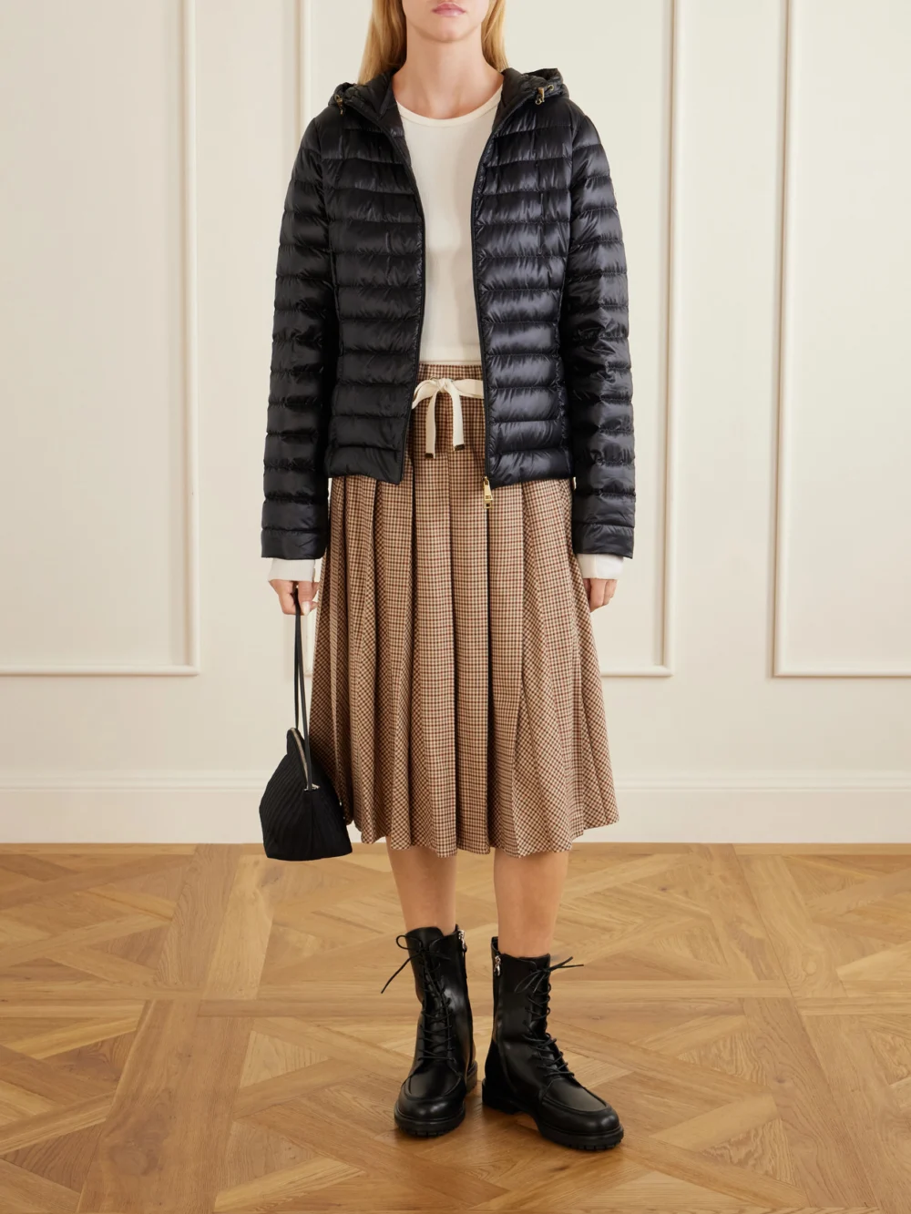 Moncler Pleated Checked Wool-blend Midi Skirt, worn by a model