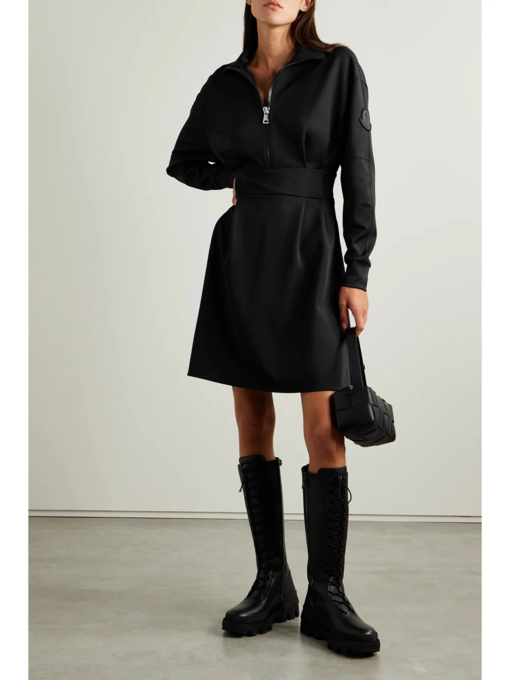 Moncler Pleated Ponte Mini Dress, worn by a model