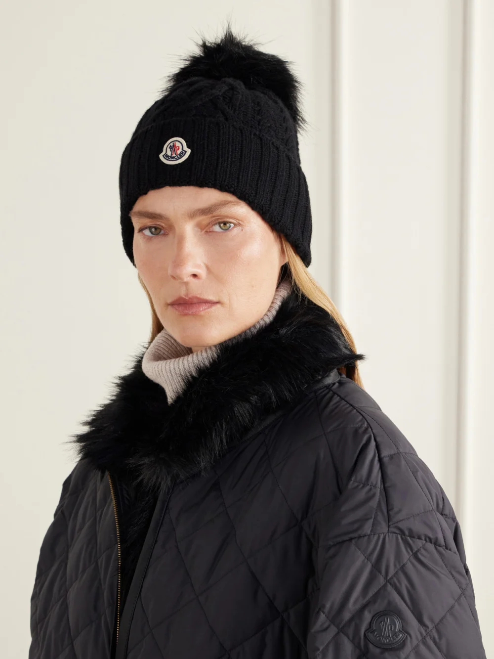 Moncler Plush-trimmed Wool and Cashmere-blend Beanie, styled view