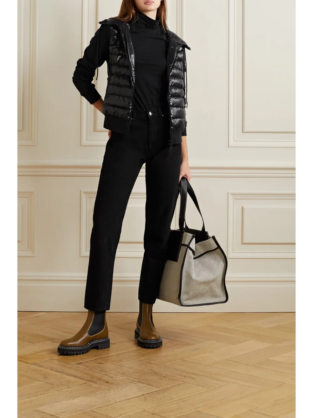 Moncler Quilted Shell and Cotton-blend Jersey Down Hooded Jacket, worn by a model