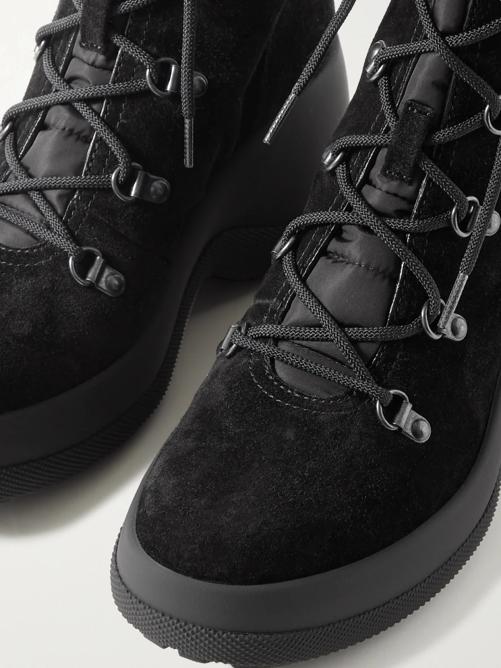 Close-up detail of the Moncler Resile Trek Shell-trimmed Suede Ankle Boots
