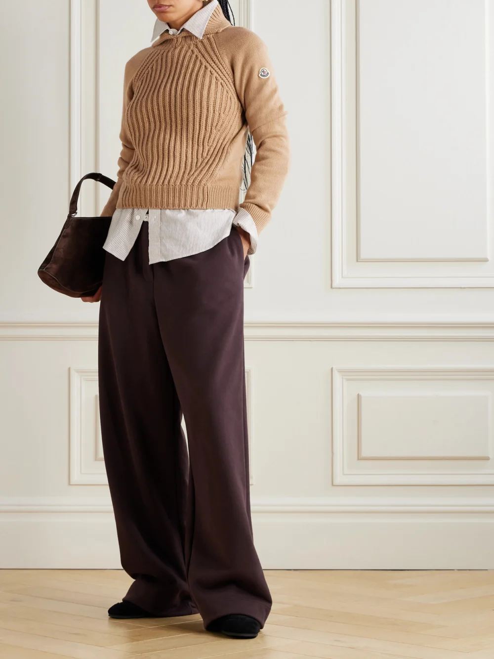 Moncler Ribbed Wool and Cashmere-blend Polo Sweater, worn by a model