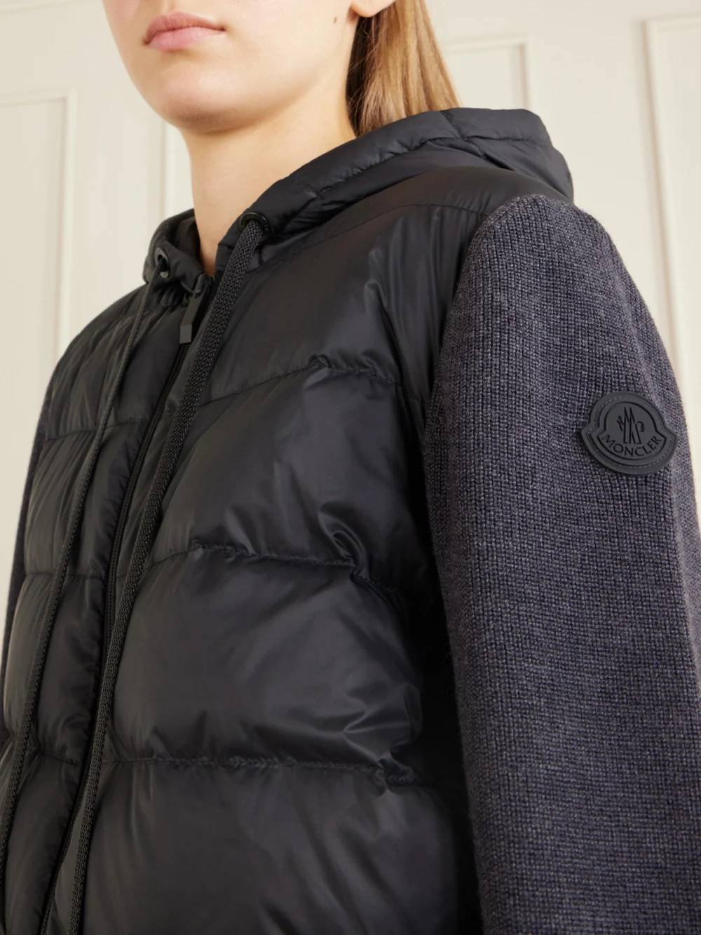 Close-up detail of the Moncler Ribbed Wool and Quilted Shell Down Cardigan