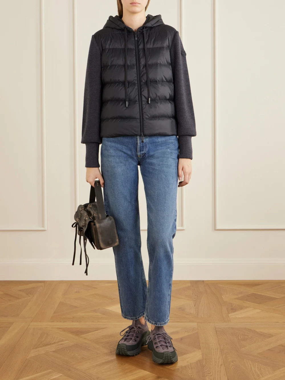 Moncler Ribbed Wool and Quilted Shell Down Cardigan, worn by a model