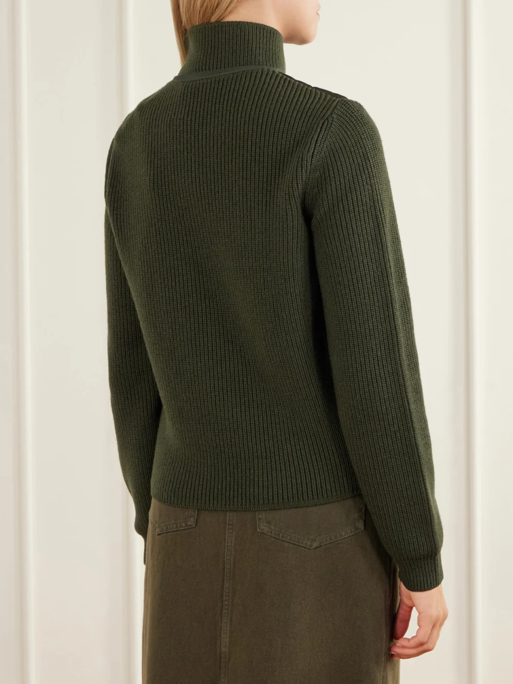 Back view of the Moncler Ribbed Wool-trimmed Quilted Shell Down Cardigan