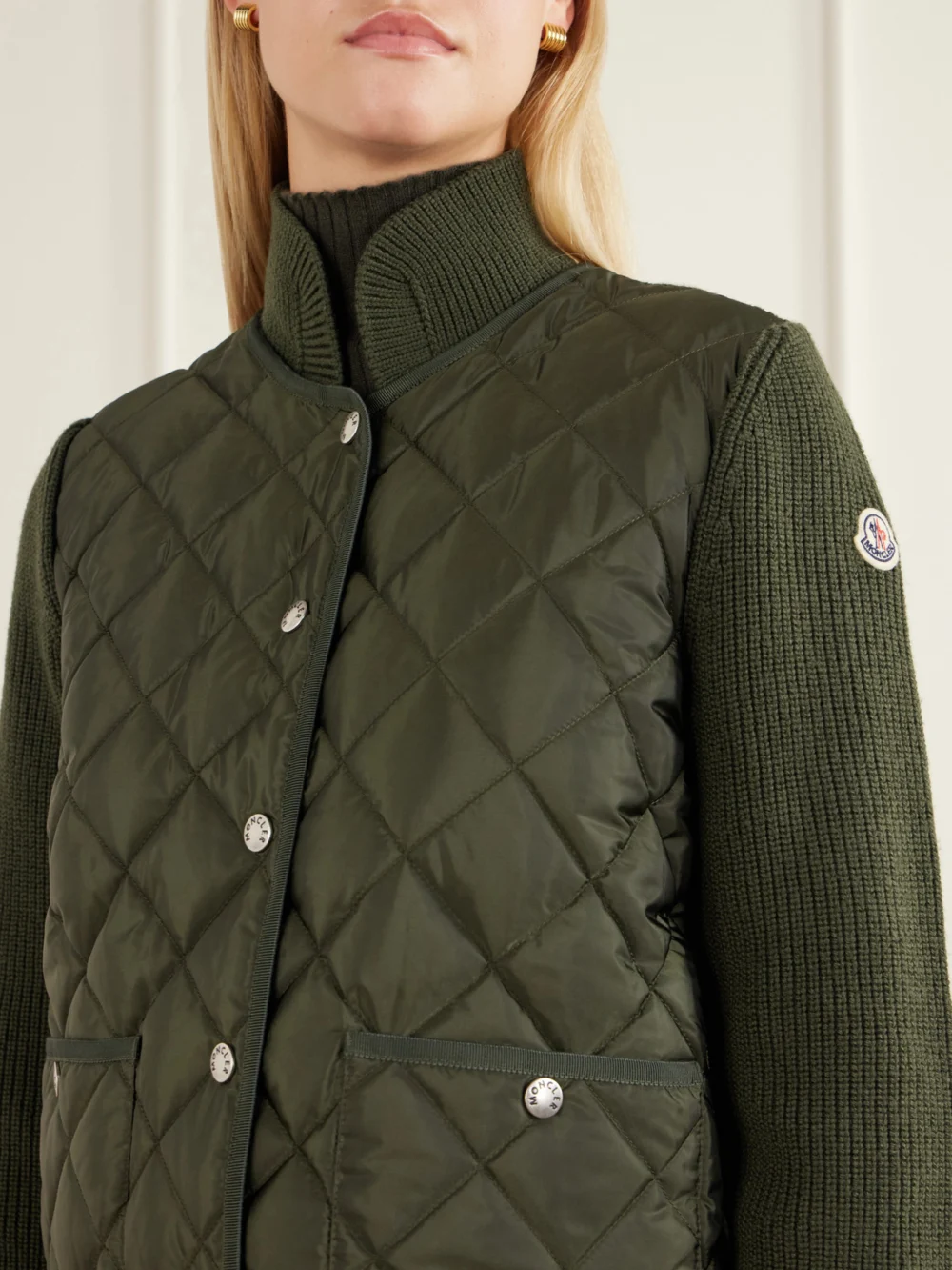 Close-up detail of the Moncler Ribbed Wool-trimmed Quilted Shell Down Cardigan