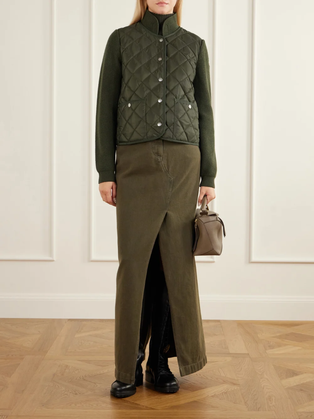 Moncler Ribbed Wool-trimmed Quilted Shell Down Cardigan, worn by a model
