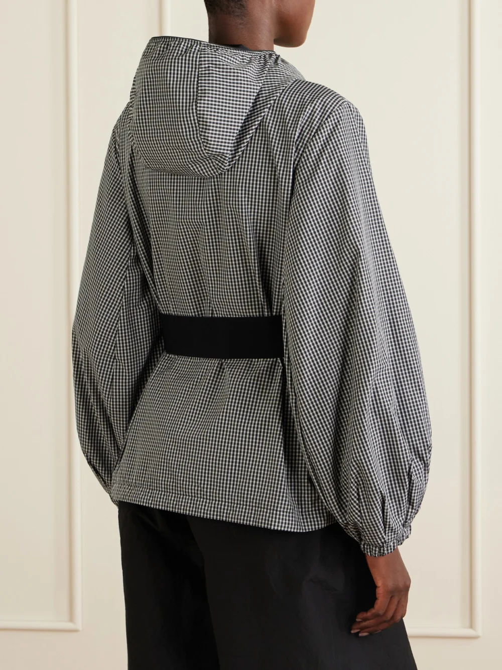 Back view of the Moncler Rythme Belted Checked Shell Jacket