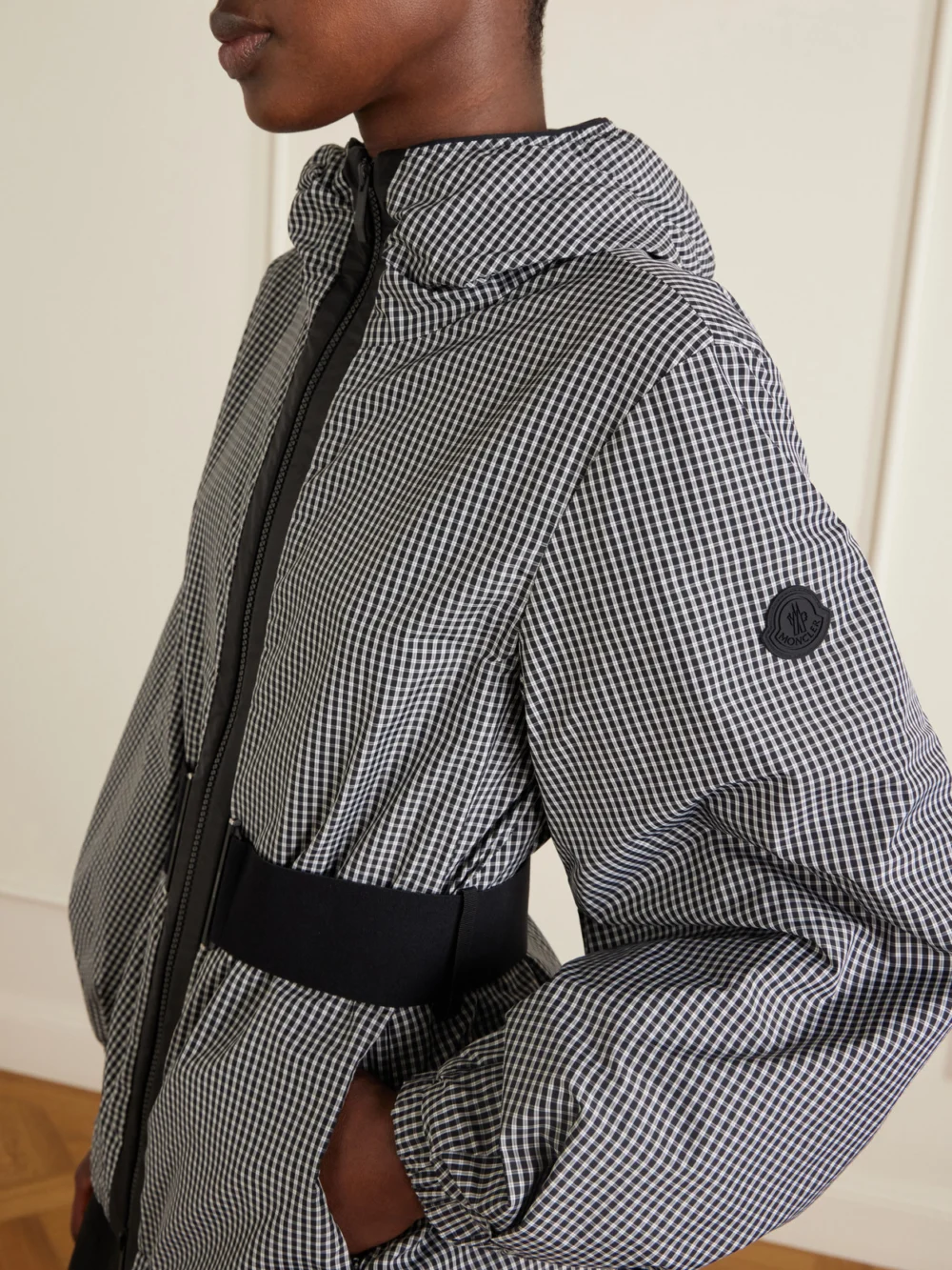 Close-up detail of the Moncler Rythme Belted Checked Shell Jacket