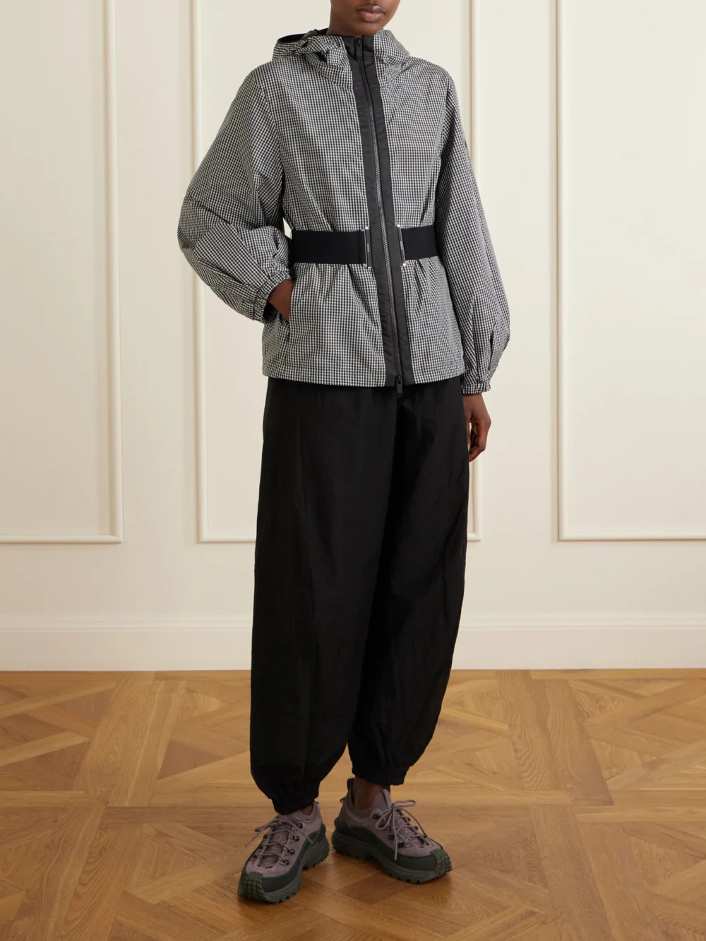 Moncler Rythme Belted Checked Shell Jacket, worn by a model
