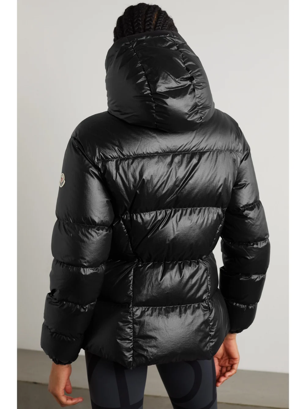 Back view of the Moncler Seine Hooded Quilted Padded Glossed-shell Down Jacket