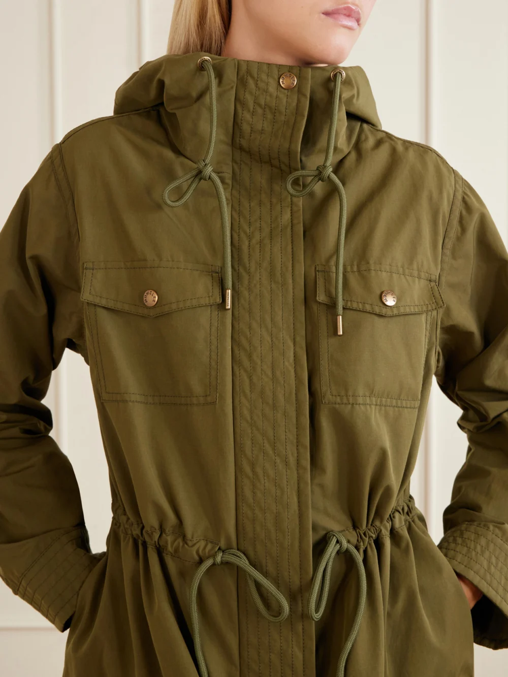 Close-up detail of the Moncler Serin Hooded Shell Parka