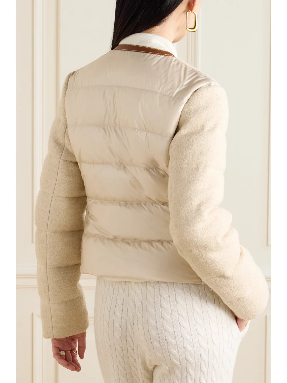 Back view of the Moncler Serinde Leather-trimmed Quilted Wool-blend Bouclé Down Jacket