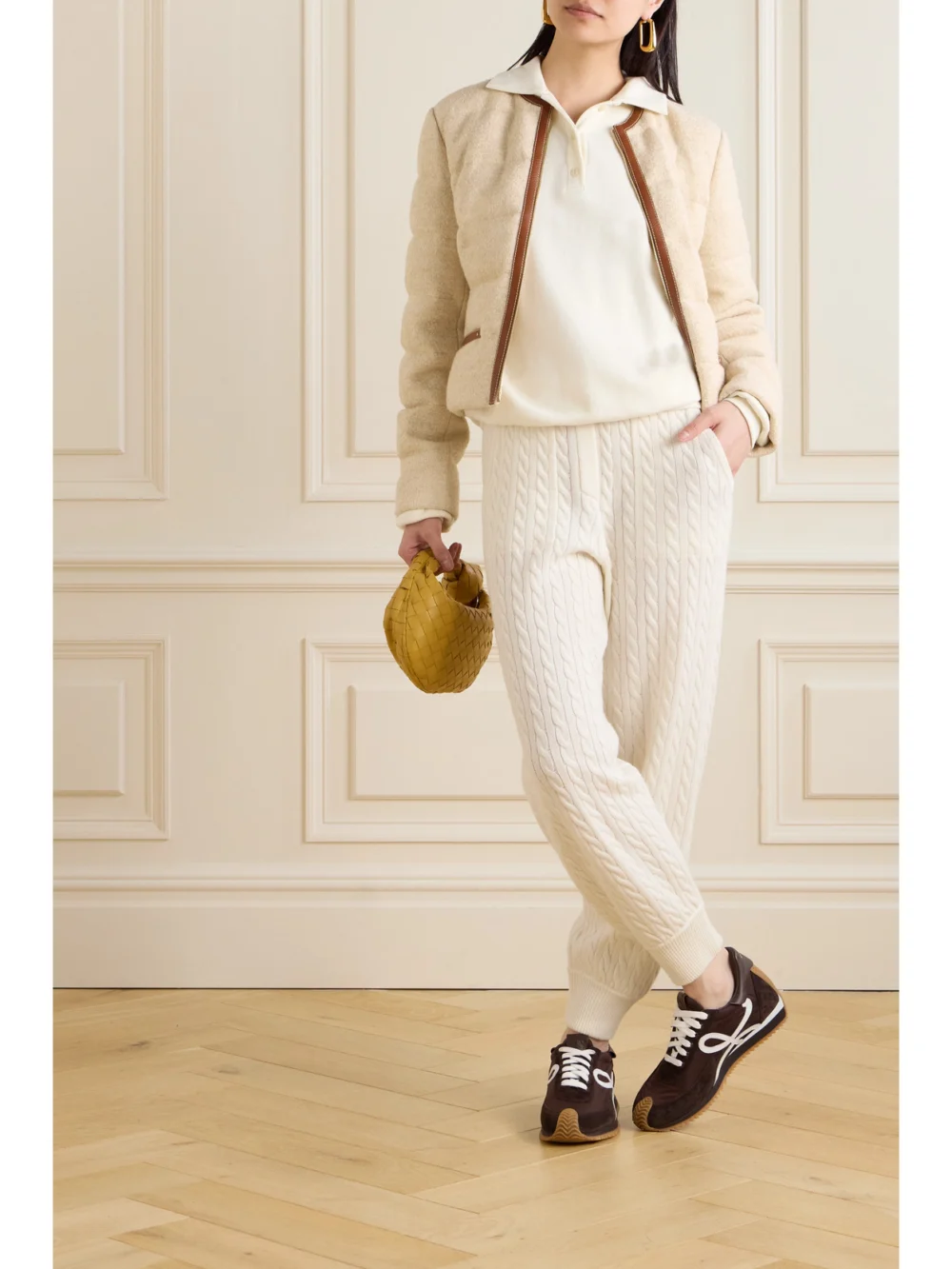 Moncler Serinde Leather-trimmed Quilted Wool-blend Bouclé Down Jacket, worn by a model