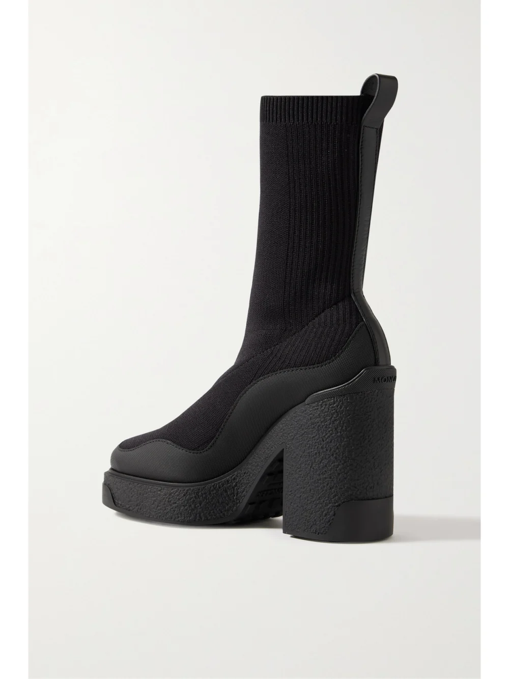 Back view of the Moncler Splora Leather and Rubber-trimmed Ribbed Stretch-knit Ankle Boots