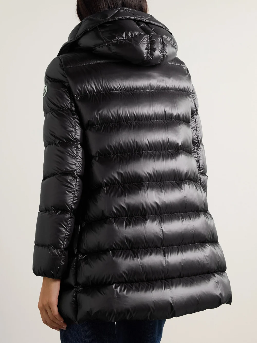 Back view of the Moncler Suyen Appliquéd Quilted Shell Down Hooded Parka