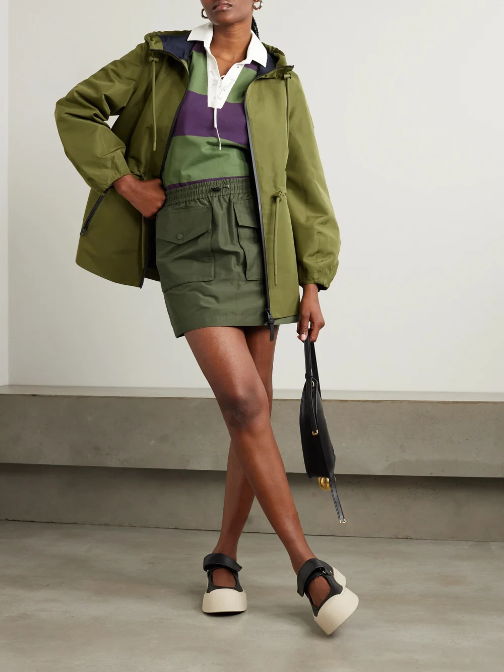 Moncler Taffeta Cargo Mini Skirt, worn by a model