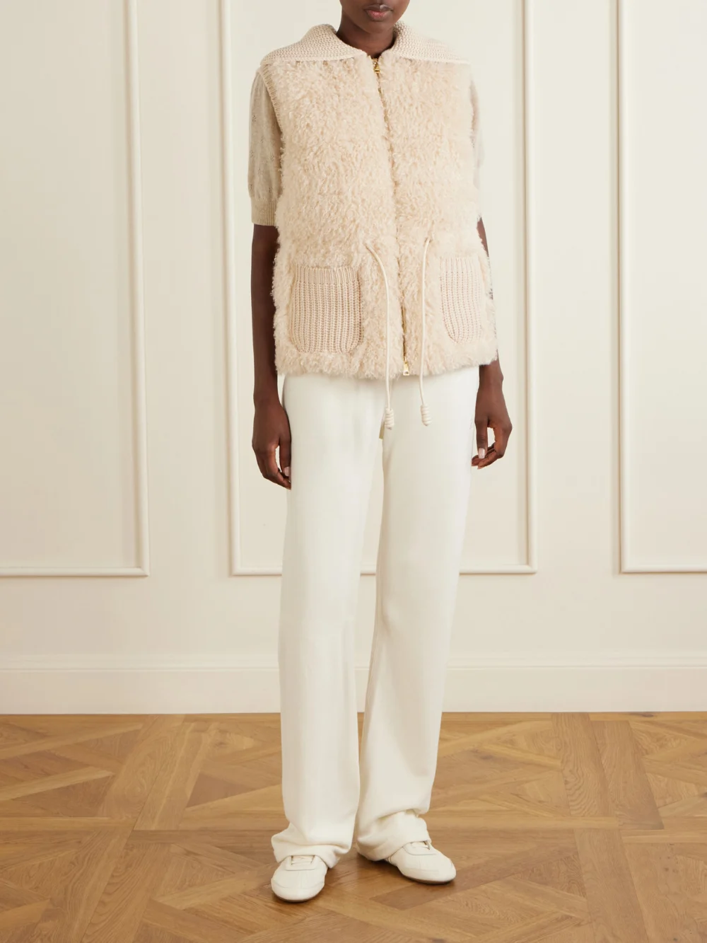 Moncler Teddy Wool and Cashmere-blend Plush Down Vest, worn by a model