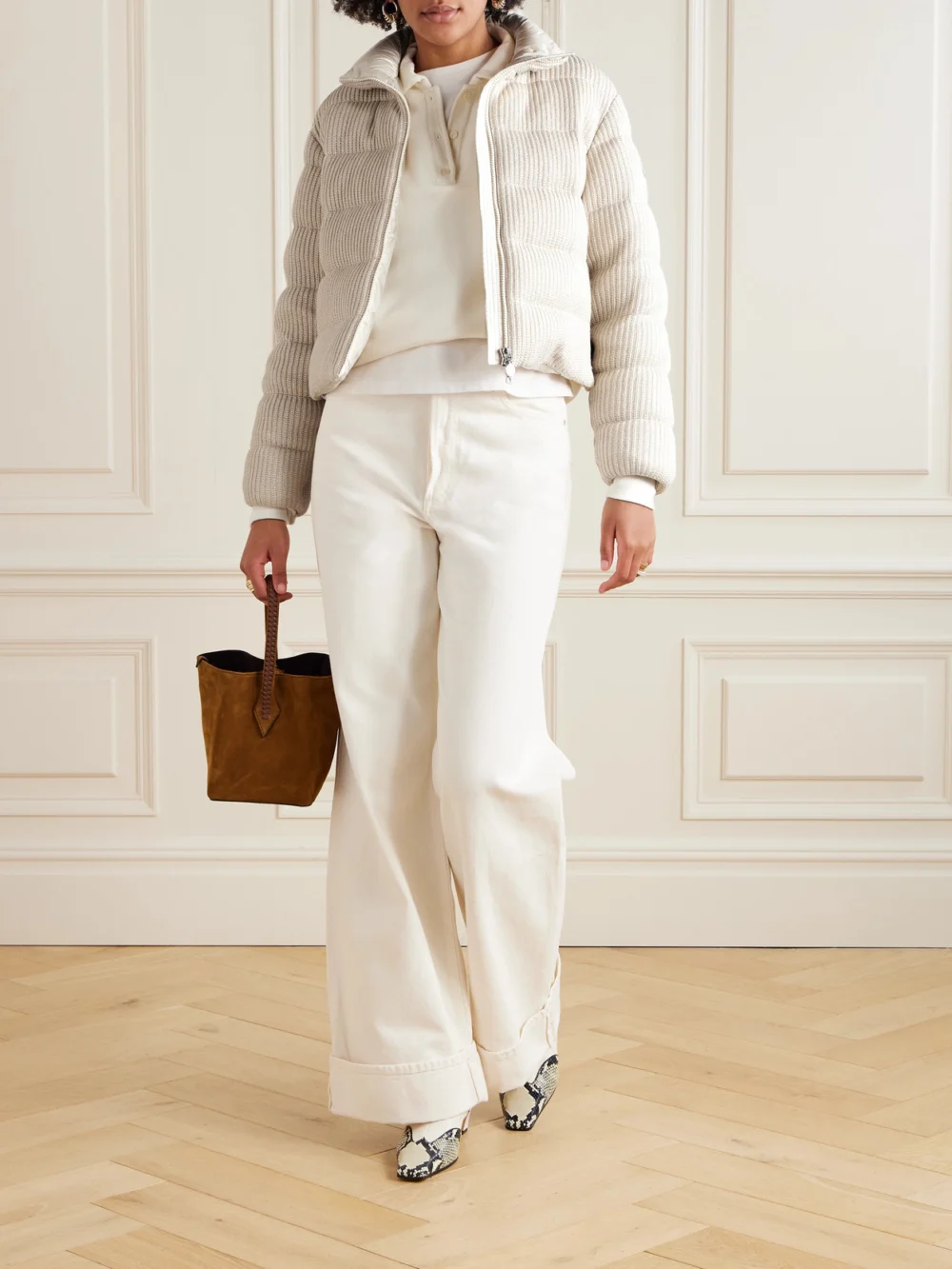 Moncler Thoiry Quilted Ribbed Metallic Cotton Down Jacket, worn by a model