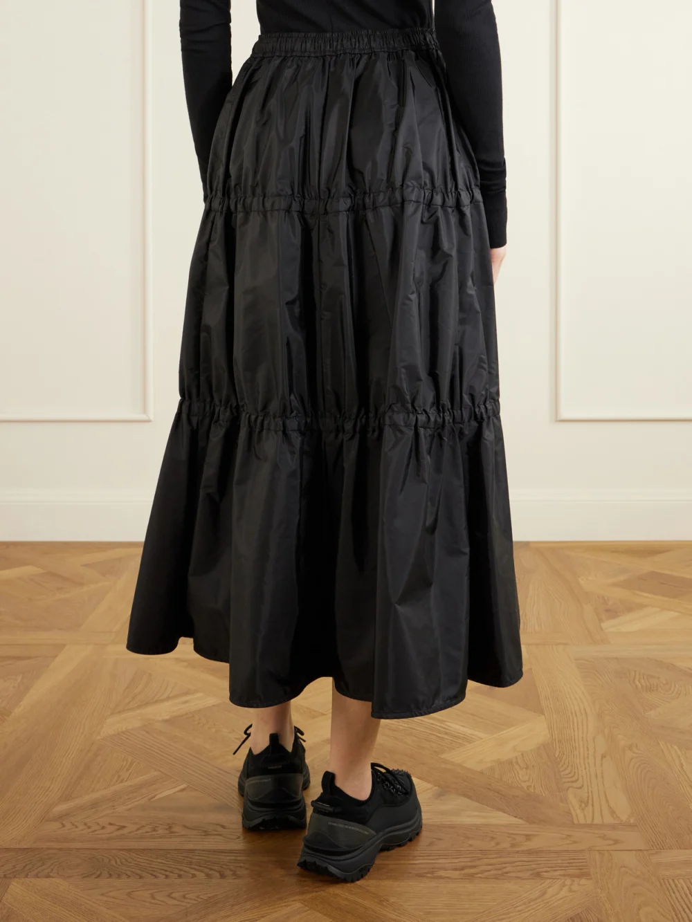 Back view of the Moncler Tiered Shell Midi Skirt