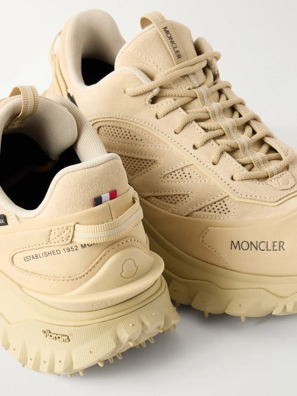 Close-up detail of the Moncler Trailgrip Apex Gtx Suede Sneakers