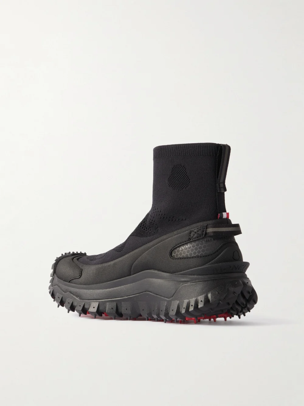 Back view of the Moncler Trailgrip Rubber-trimmed Stretch-knit Sneakers
