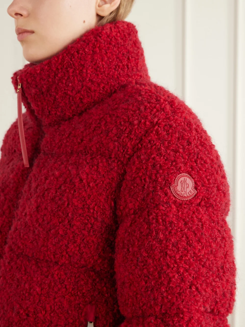 Close-up detail of the Moncler Trascendance Tweed Quilted Down Jacket