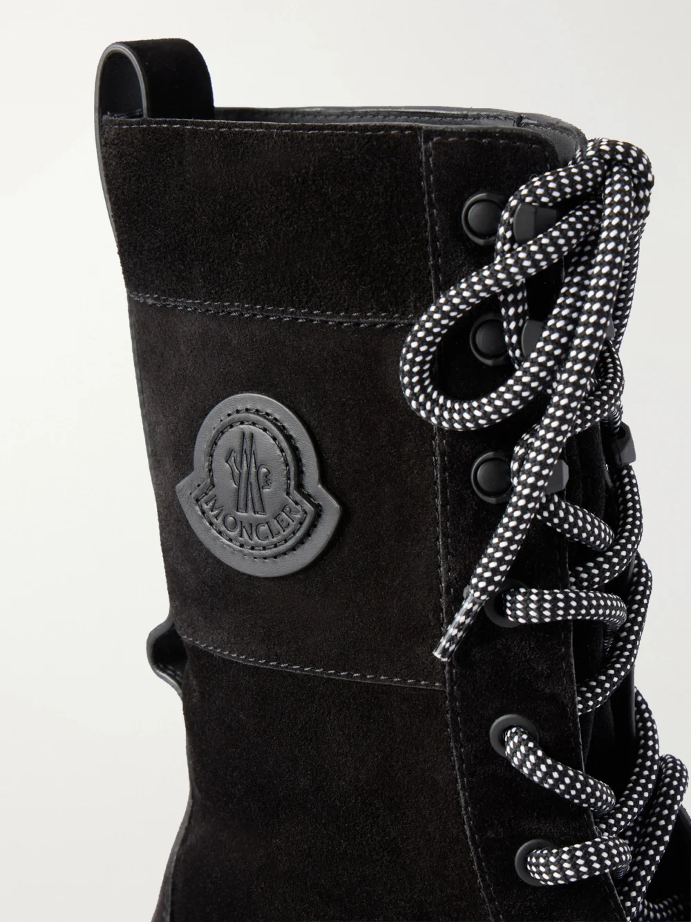 Close-up detail of the Moncler Vera High Suede Ankle Boots