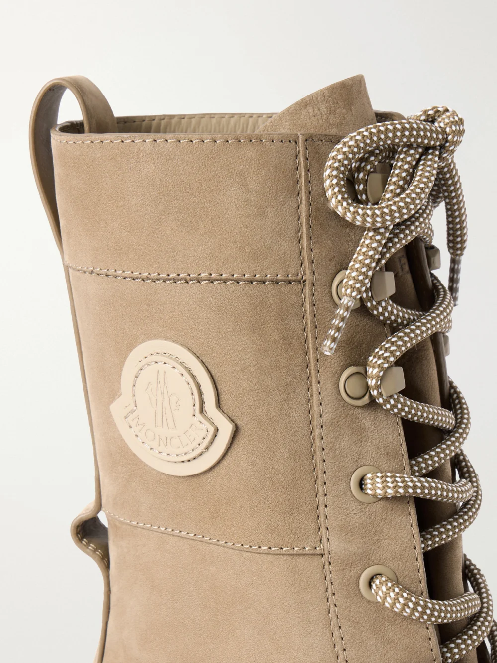 Close-up detail of the Moncler Vera High Suede Ankle Boots