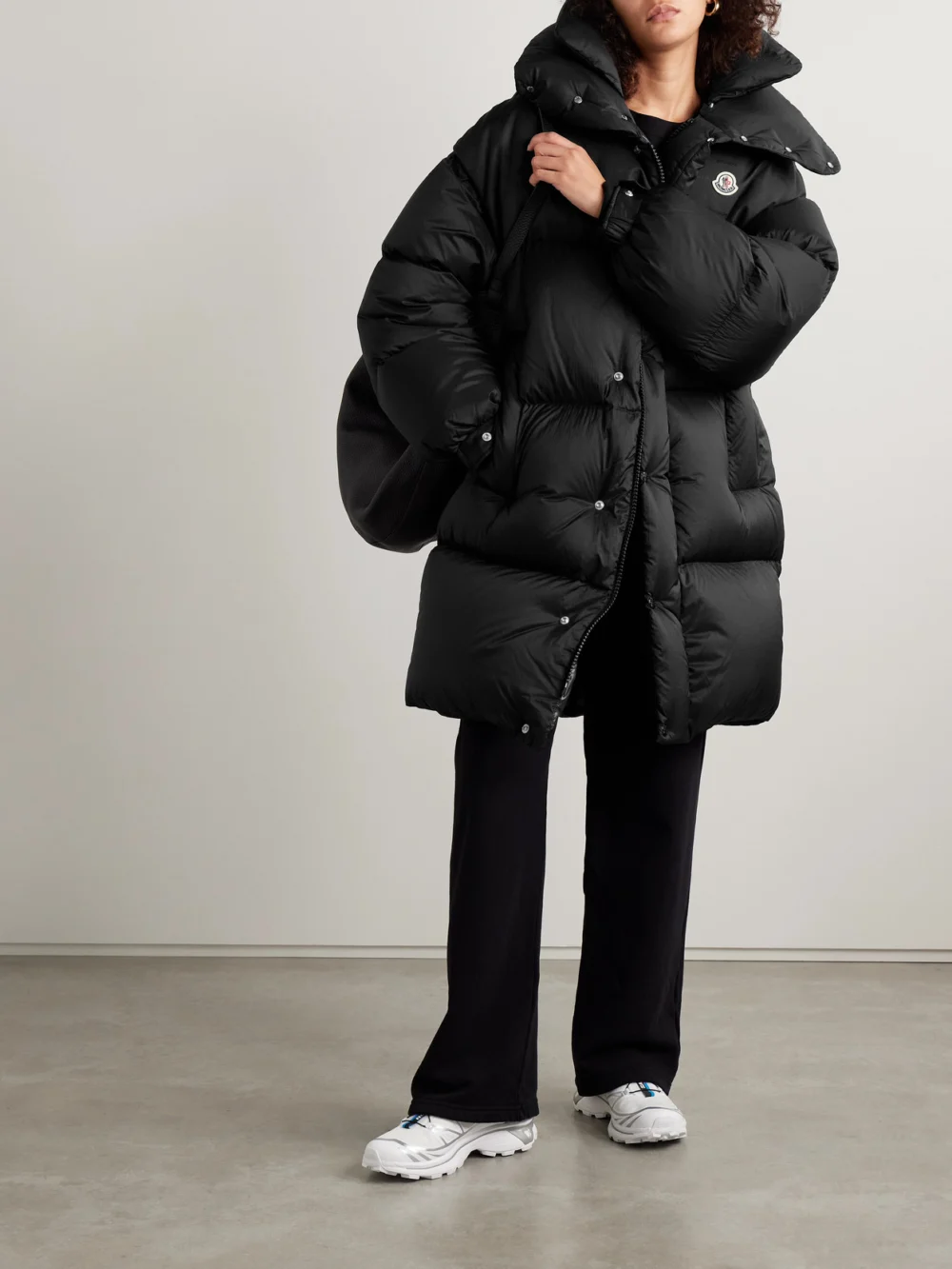Moncler Verone Convertible Hooded Quilted Shell Down Coat, worn by a model