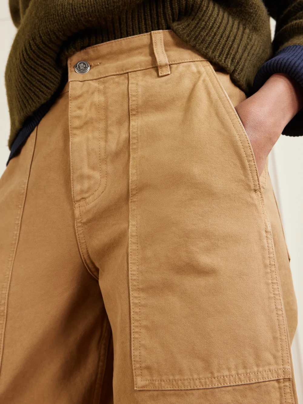 Close-up detail of the Moncler Wide-leg Cotton-canvas Pants